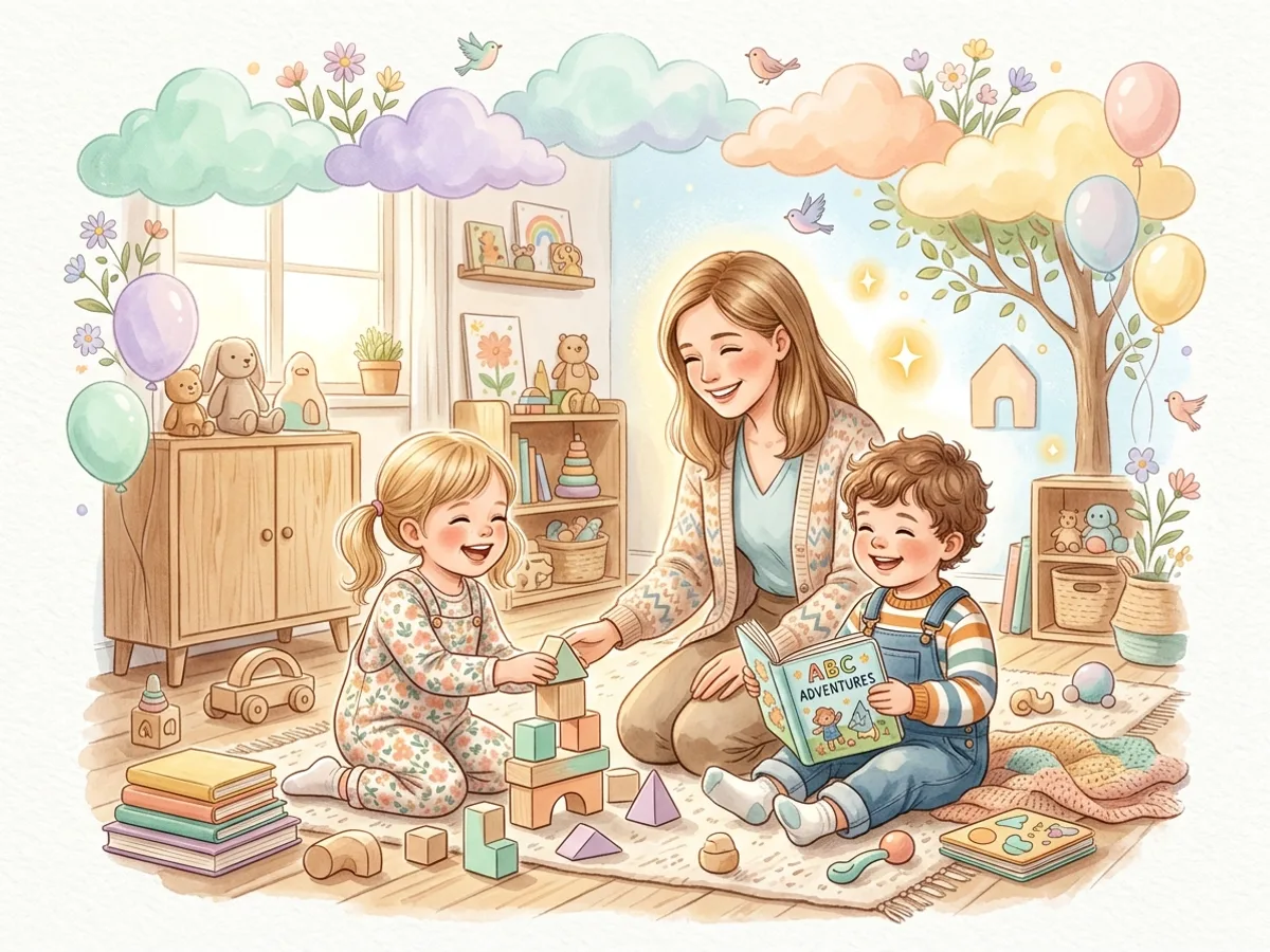 Ilustración cálida de estimulación temprana y neurodesarrollo en SANARI Latacunga